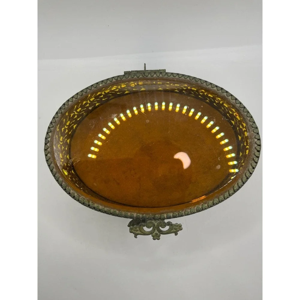 Vintage Ornate Filigree Jewelry Box Amber‎ Glass Oval Footed Trinket Casket